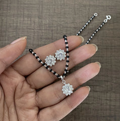 1cm compact  cz stone flower pendant + 18'' long mangalsutra chain with matching studs in pure silver