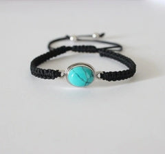 Oval Turquoise stone adjustable hand braided bracelet made in pure silver