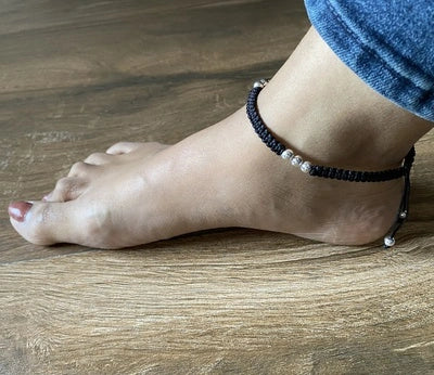 Plain nine beads adjustable anklet made in pure silver with a waxed cotton black thread