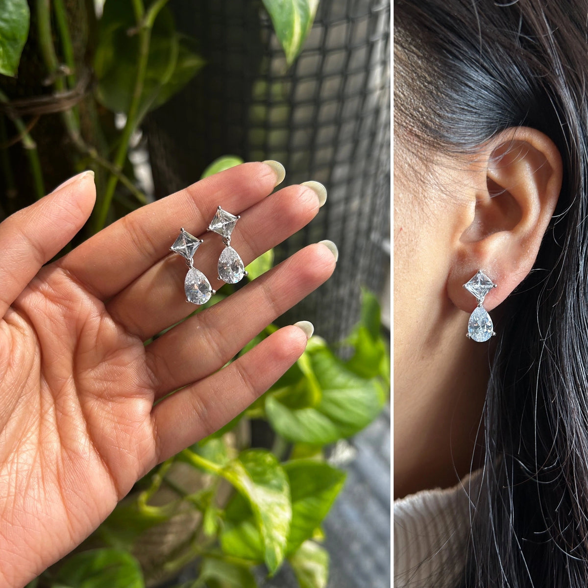 Geometric combination studs with 6mm square cz studs and a tear drop in pure silver