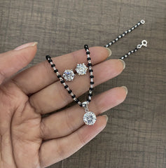 8mm single six prong  cz stone pendant + 18'' long mangalsutra chain with matching 7mm cz studs in pure silver